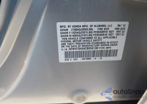 2012 Honda Pilot Ex-L z USA, uszkodzony, nr VIN 5FNYF3H54CB034130